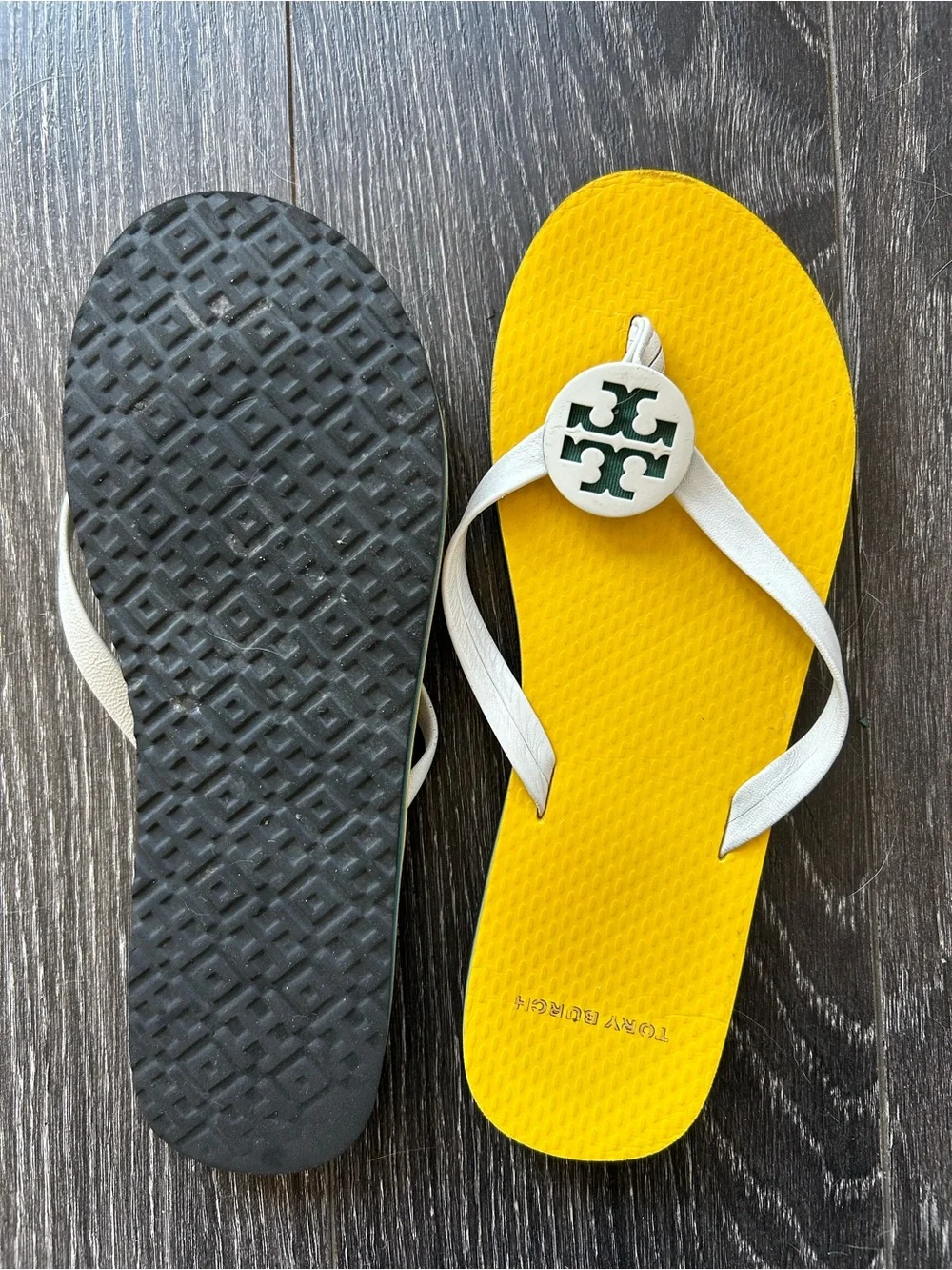 Tory Burch women Yellow Flip Flops with White Straps and Logo